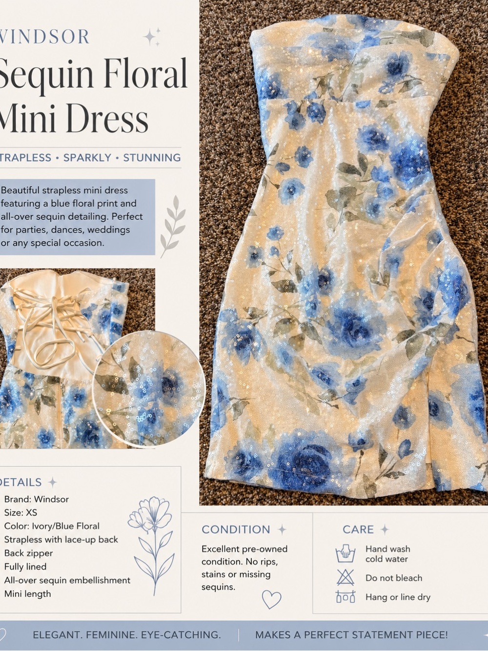 Windsor Ivory Mini Dress with Blue Floral Sequin Detail